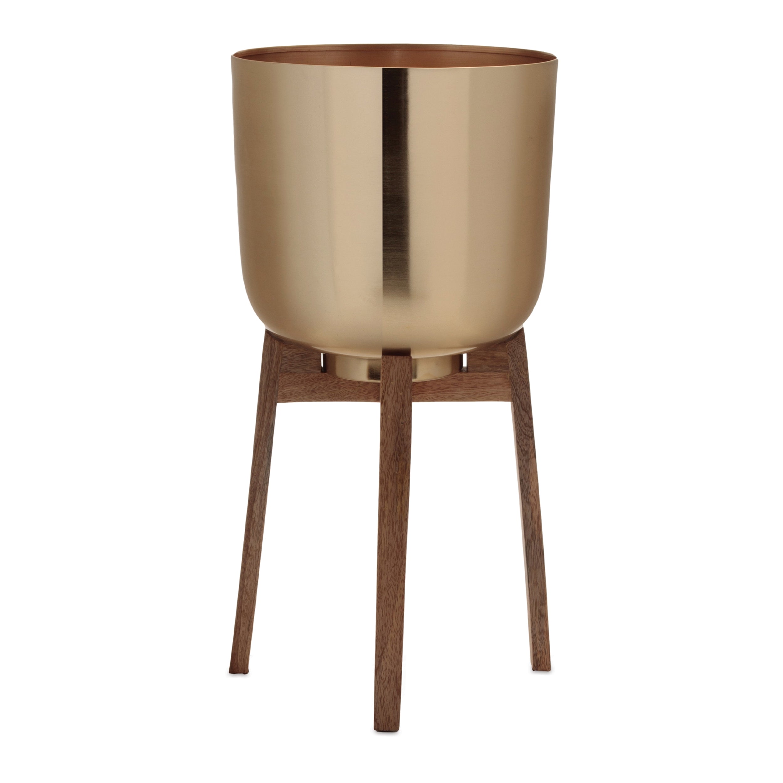 Round Metal Planter with Wooden Stand (Set of 2)