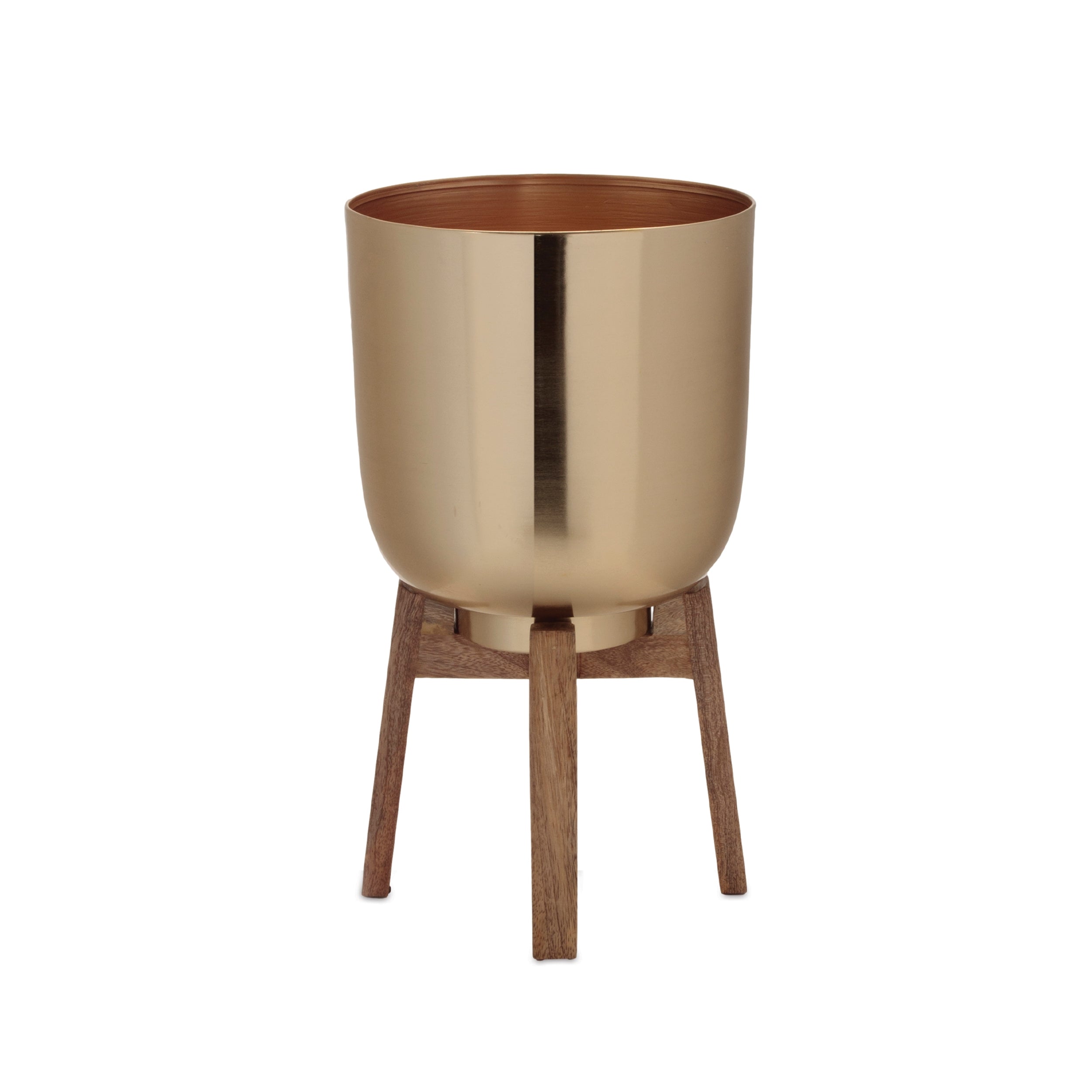 Round Metal Planter with Wooden Stand (Set of 2)