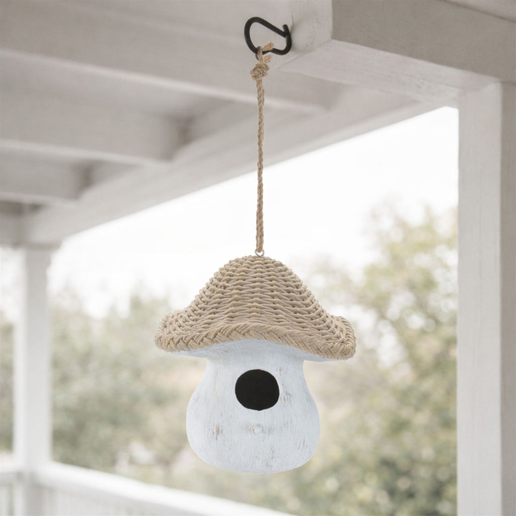 Mushroom Birdhouse with Wicker Design 8"H