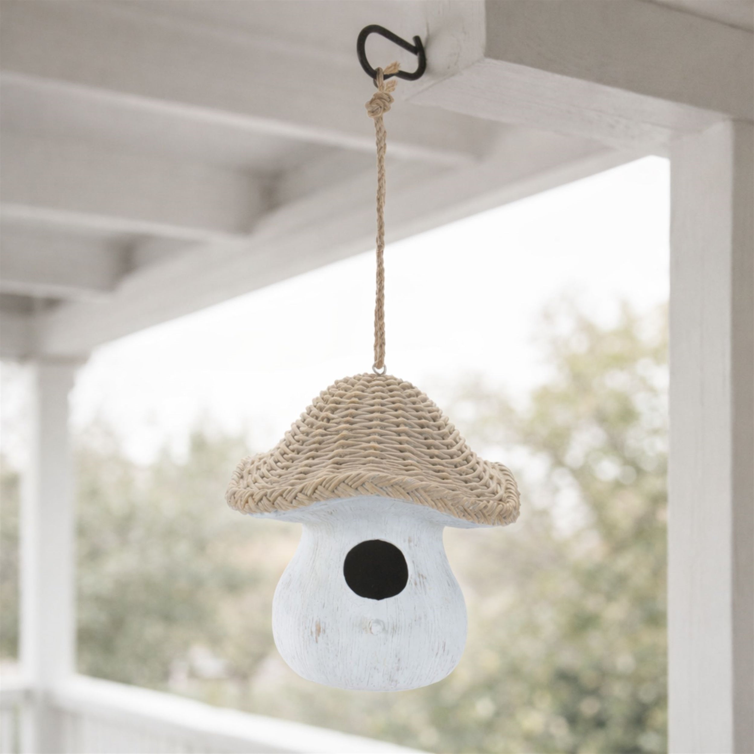 Mushroom Birdhouse with Wicker Design 8"H