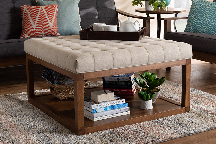 Baxton Studio Alvere Modern and Contemporary Beige Fabric Upholstered Walnut Finished Cocktail Ottoman