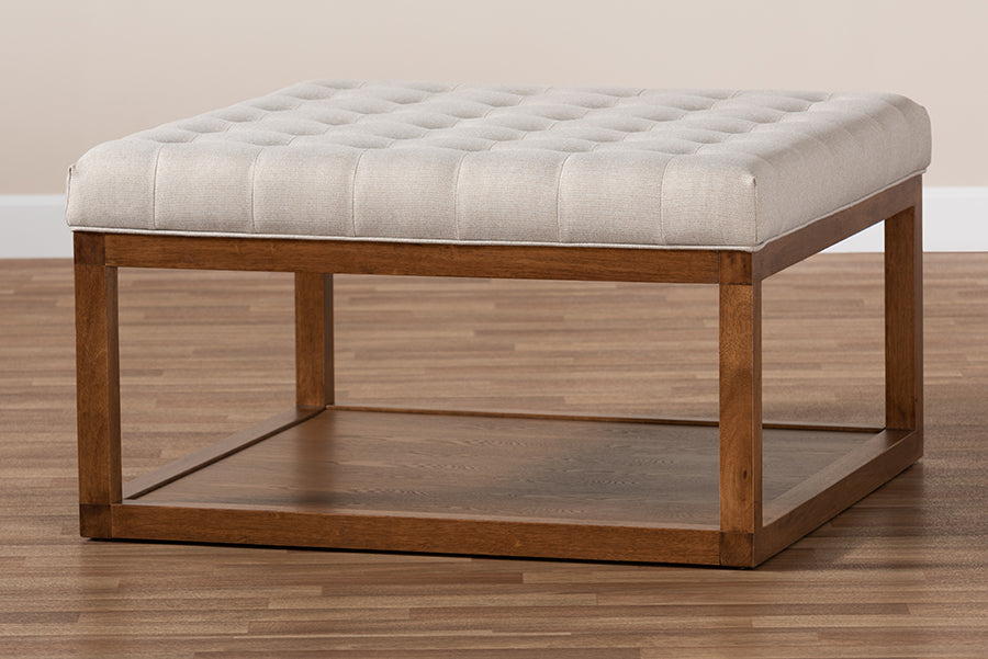 Baxton Studio Alvere Modern and Contemporary Beige Fabric Upholstered Walnut Finished Cocktail Ottoman