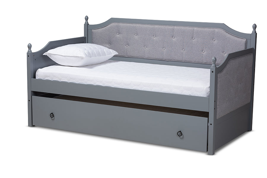 Baxton Studio Mara Classic and Traditional Grey Fabric Upholstered Grey Finished Wood Twin Size Daybed with Trundle
