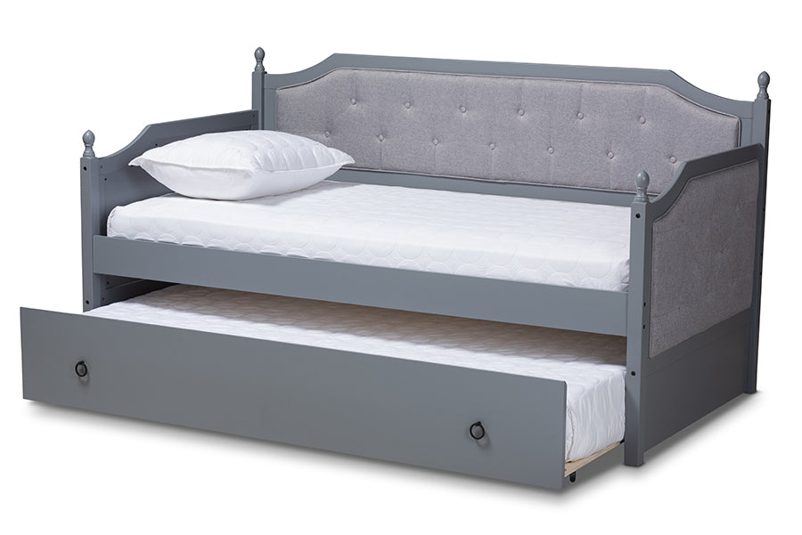 Baxton Studio Mara Classic and Traditional Grey Fabric Upholstered Grey Finished Wood Twin Size Daybed with Trundle