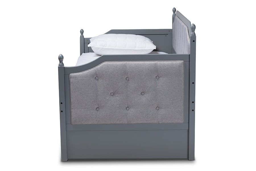 Baxton Studio Mara Classic and Traditional Grey Fabric Upholstered Grey Finished Wood Twin Size Daybed with Trundle