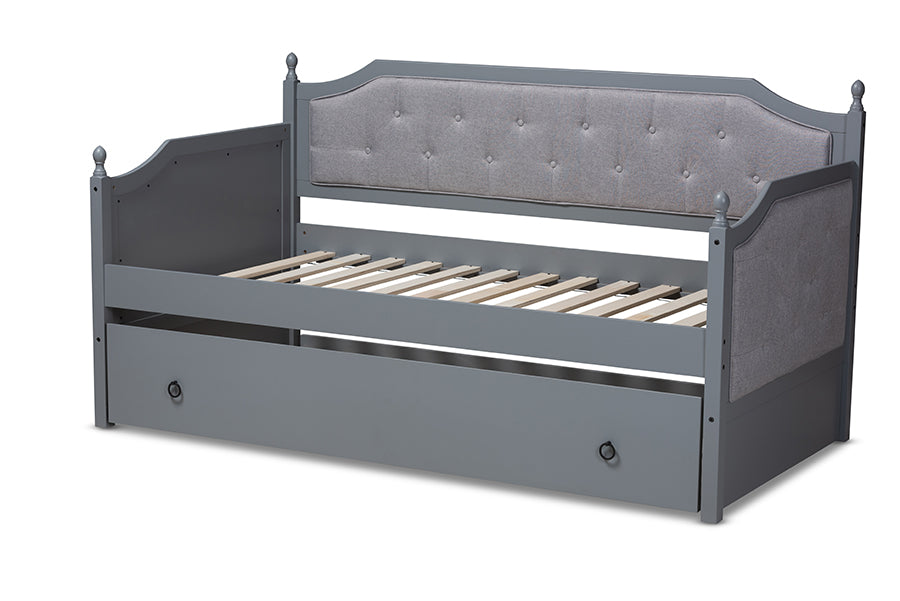 Baxton Studio Mara Classic and Traditional Grey Fabric Upholstered Grey Finished Wood Twin Size Daybed with Trundle