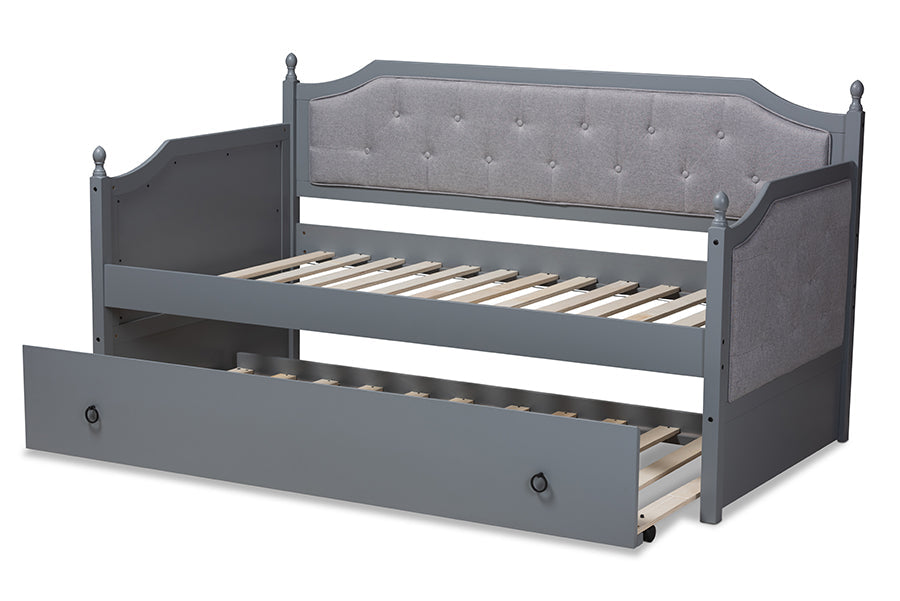 Baxton Studio Mara Classic and Traditional Grey Fabric Upholstered Grey Finished Wood Twin Size Daybed with Trundle