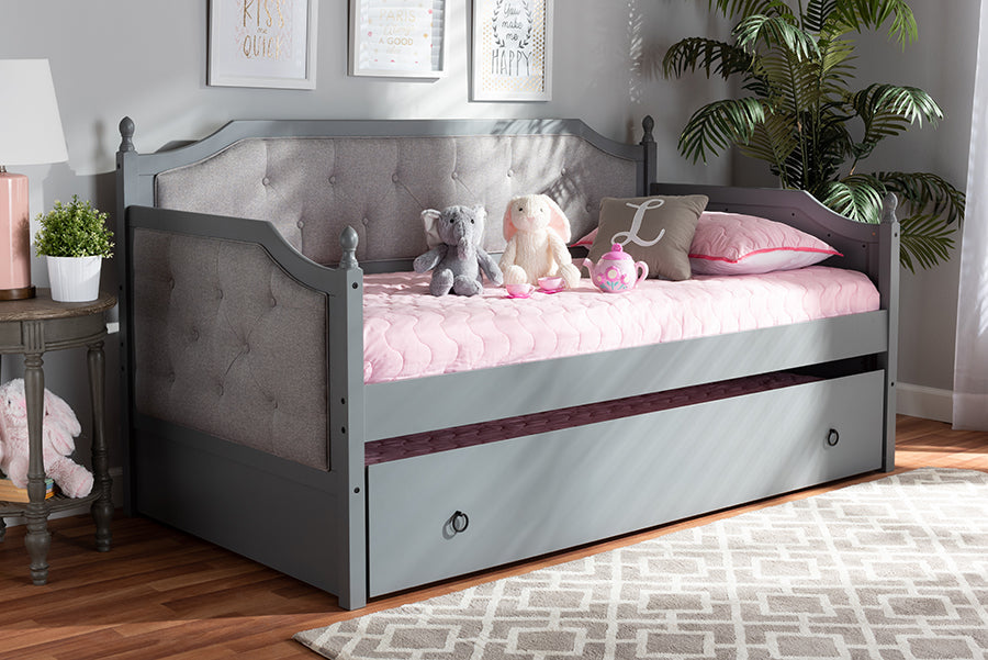 Baxton Studio Mara Classic and Traditional Grey Fabric Upholstered Grey Finished Wood Twin Size Daybed with Trundle