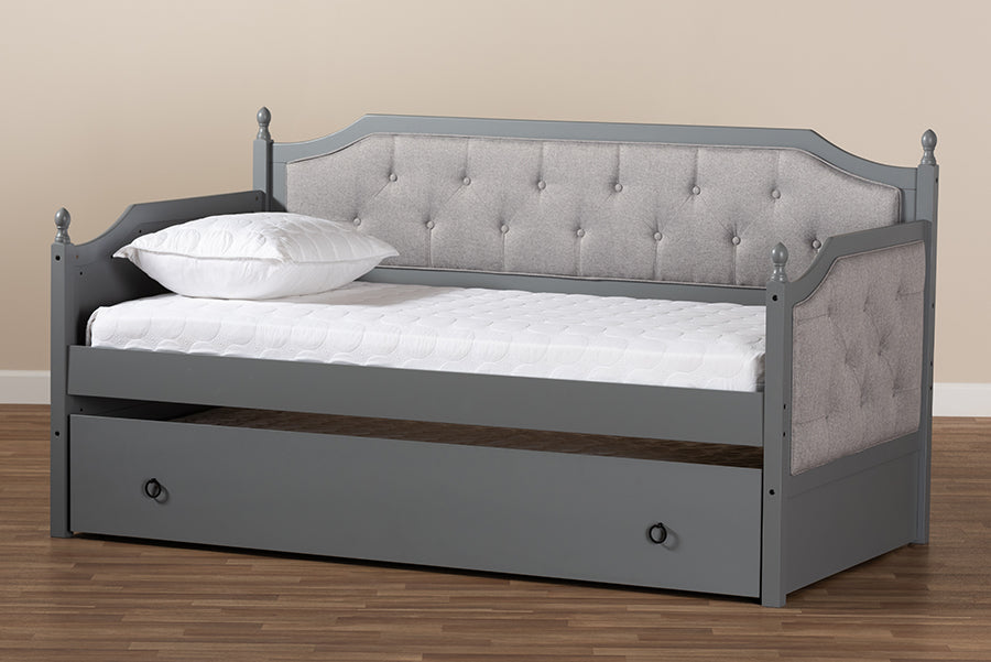 Baxton Studio Mara Classic and Traditional Grey Fabric Upholstered Grey Finished Wood Twin Size Daybed with Trundle