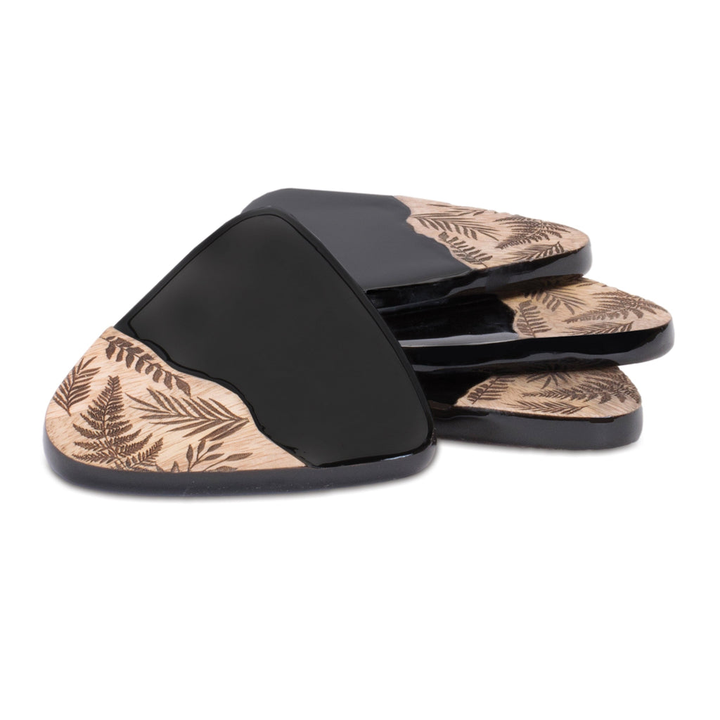 Floral Etched Wood Coaster with Holder (Set of 5)