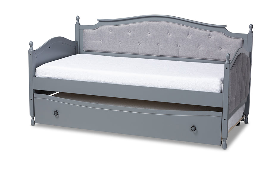 Baxton Studio Marlie Classic and Traditional Grey Fabric Upholstered Grey Finished Wood Twin Size Daybed with Trundle