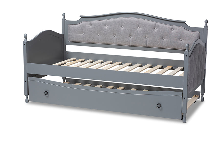Baxton Studio Marlie Classic and Traditional Grey Fabric Upholstered Grey Finished Wood Twin Size Daybed with Trundle