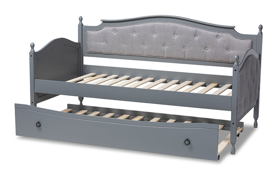 Baxton Studio Marlie Classic and Traditional Grey Fabric Upholstered Grey Finished Wood Twin Size Daybed with Trundle