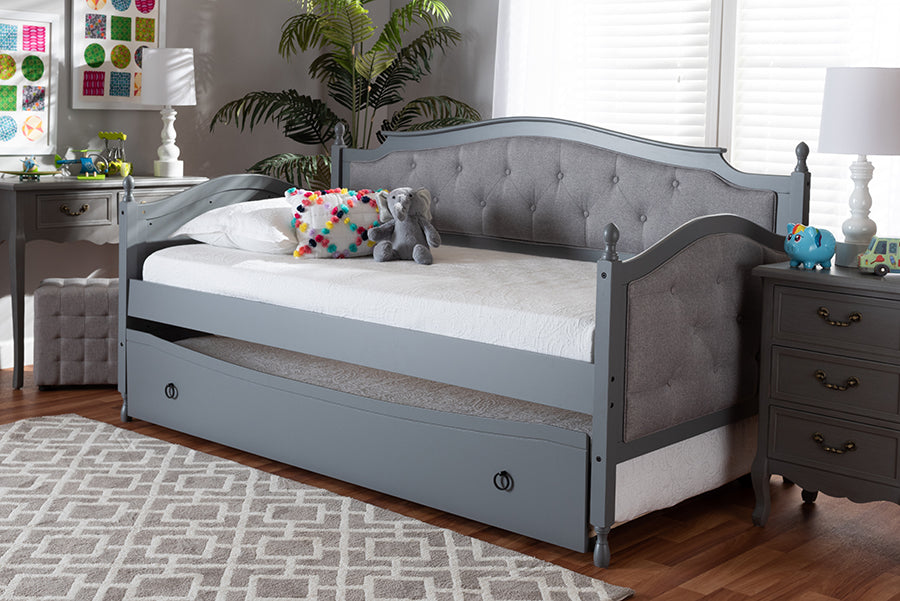 Baxton Studio Marlie Classic and Traditional Grey Fabric Upholstered Grey Finished Wood Twin Size Daybed with Trundle