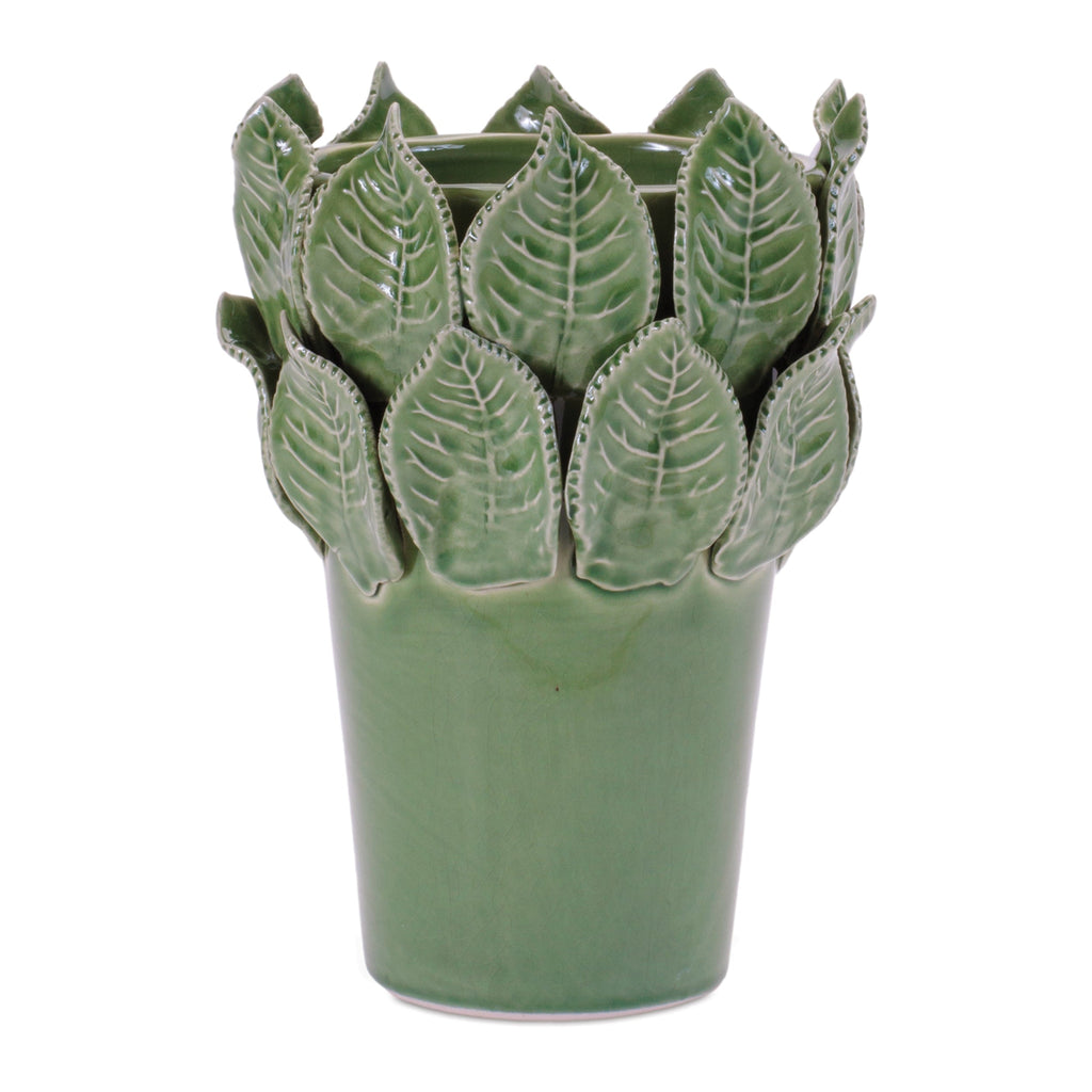 Stoneware Vase with Leaves Accent 7.5"H