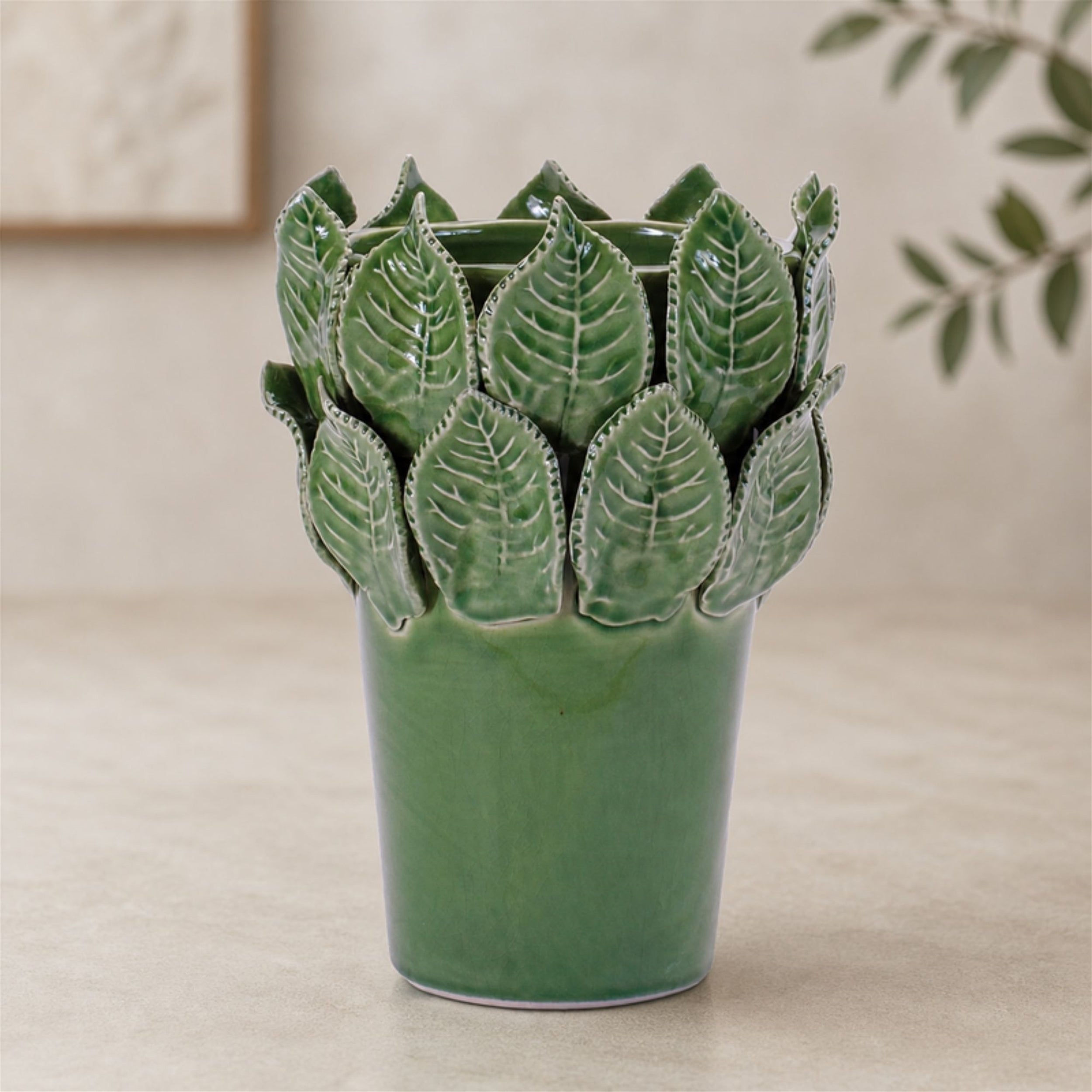 Stoneware Vase with Leaves Accent 7.5"H