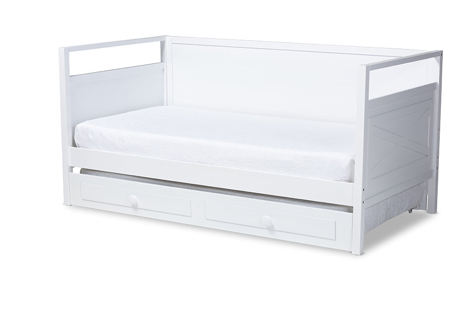 Baxton Studio Cintia Cottage Farmhouse White Finished Wood Twin Size Daybed with Trundle
