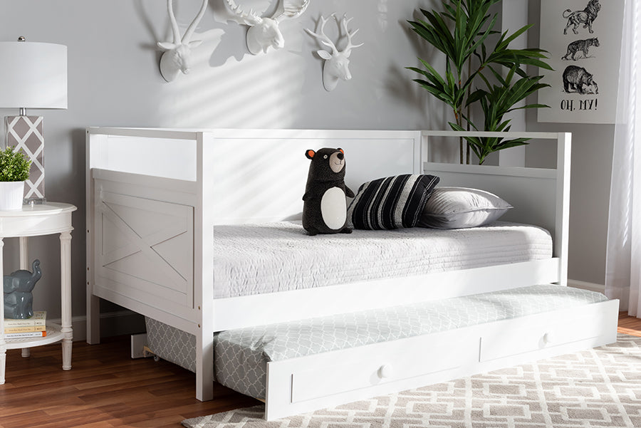 Baxton Studio Cintia Cottage Farmhouse White Finished Wood Twin Size Daybed with Trundle
