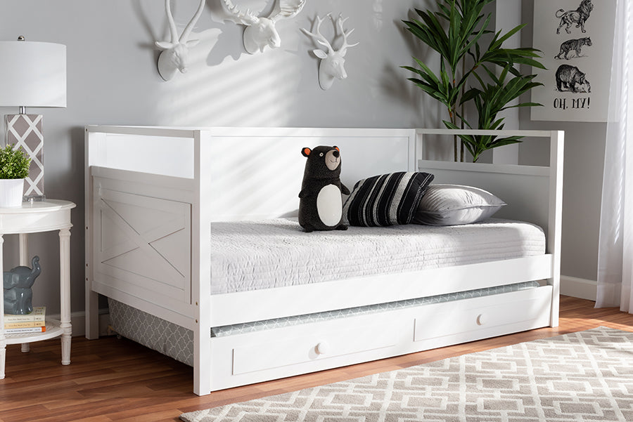 Baxton Studio Cintia Cottage Farmhouse White Finished Wood Twin Size Daybed with Trundle