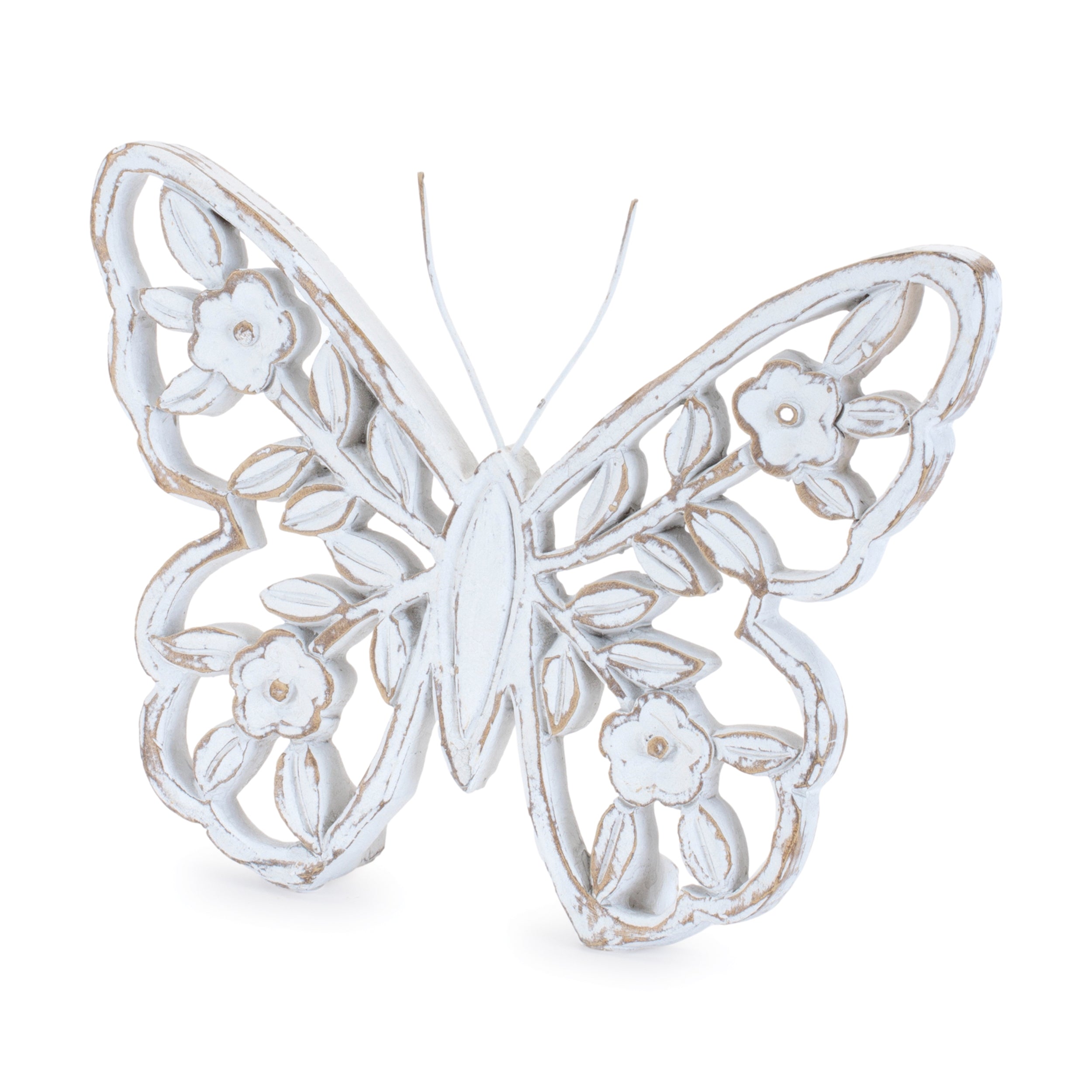 White Washed Floral Butterfly Decor (Set of 2)