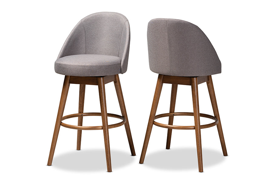 Baxton Studio Carra Mid-Century Modern Grey Fabric Upholstered Walnut-Finished Wood Swivel Bar Stool Set of 2
