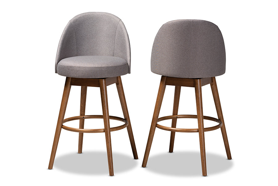 Baxton Studio Carra Mid-Century Modern Grey Fabric Upholstered Walnut-Finished Wood Swivel Bar Stool Set of 2