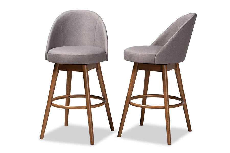 Baxton Studio Carra Mid-Century Modern Grey Fabric Upholstered Walnut-Finished Wood Swivel Bar Stool Set of 2