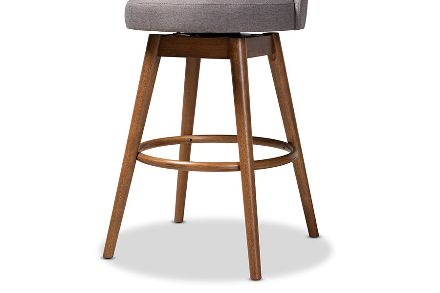 Baxton Studio Carra Mid-Century Modern Grey Fabric Upholstered Walnut-Finished Wood Swivel Bar Stool Set of 2