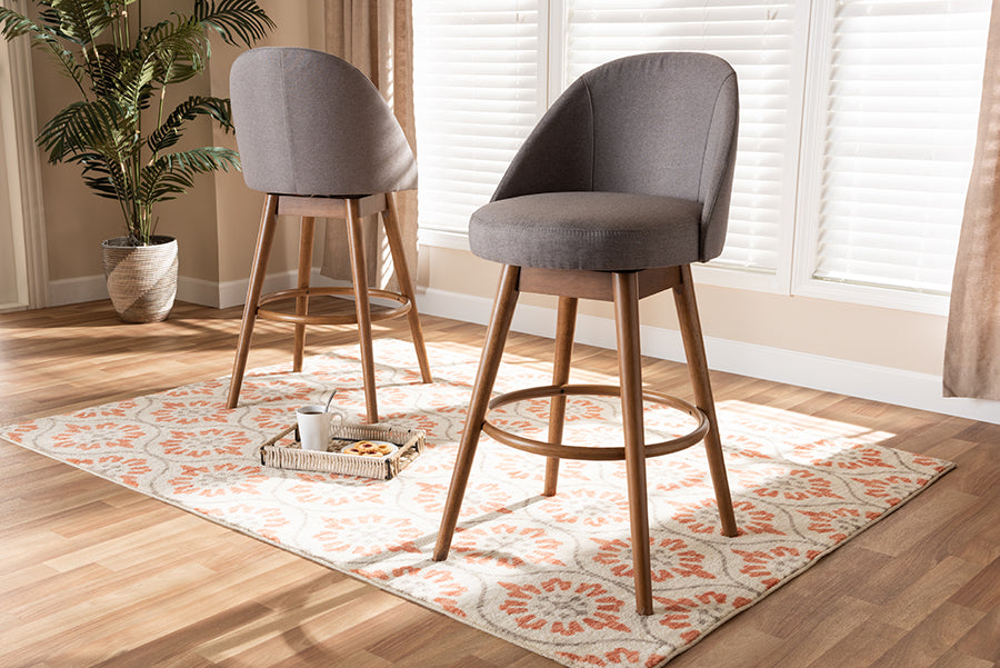 Baxton Studio Carra Mid-Century Modern Grey Fabric Upholstered Walnut-Finished Wood Swivel Bar Stool Set of 2
