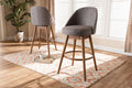 Baxton Studio Carra Mid-Century Modern Grey Fabric Upholstered Walnut-Finished Wood Swivel Bar Stool Set of 2