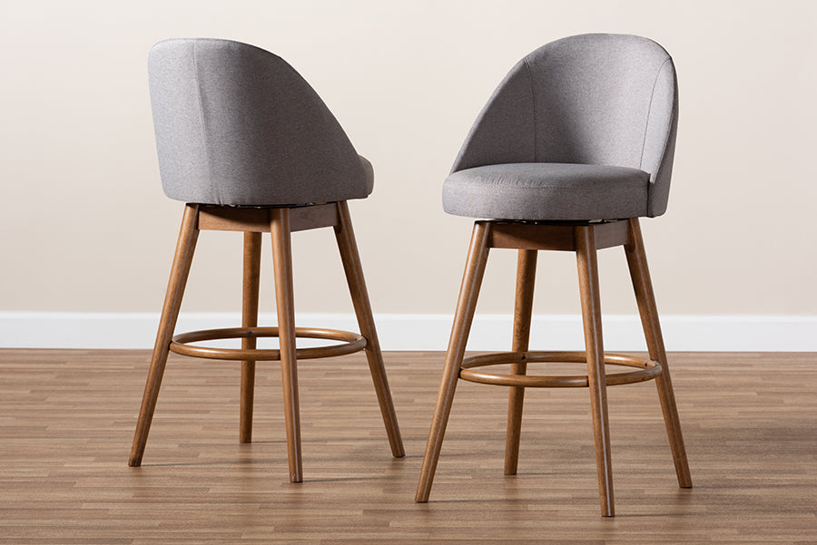 Baxton Studio Carra Mid-Century Modern Grey Fabric Upholstered Walnut-Finished Wood Swivel Bar Stool Set of 2