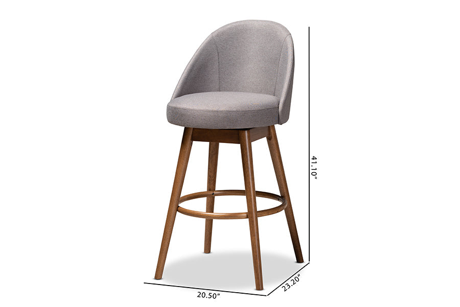 Baxton Studio Carra Mid-Century Modern Grey Fabric Upholstered Walnut-Finished Wood Swivel Bar Stool Set of 2