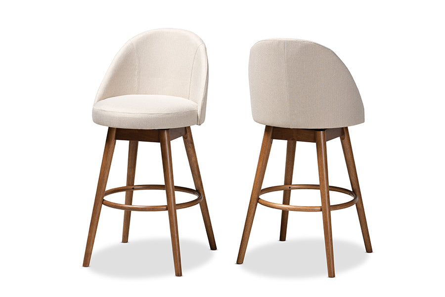 Baxton Studio Carra Mid-Century Modern Light Beige Fabric Upholstered Walnut-Finished Wood Swivel Bar Stool Set of 2