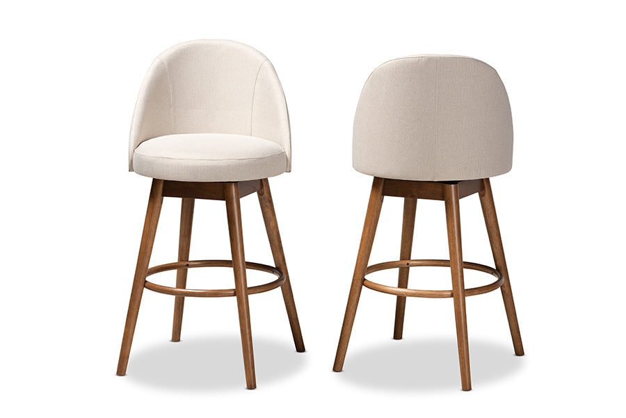 Baxton Studio Carra Mid-Century Modern Light Beige Fabric Upholstered Walnut-Finished Wood Swivel Bar Stool Set of 2