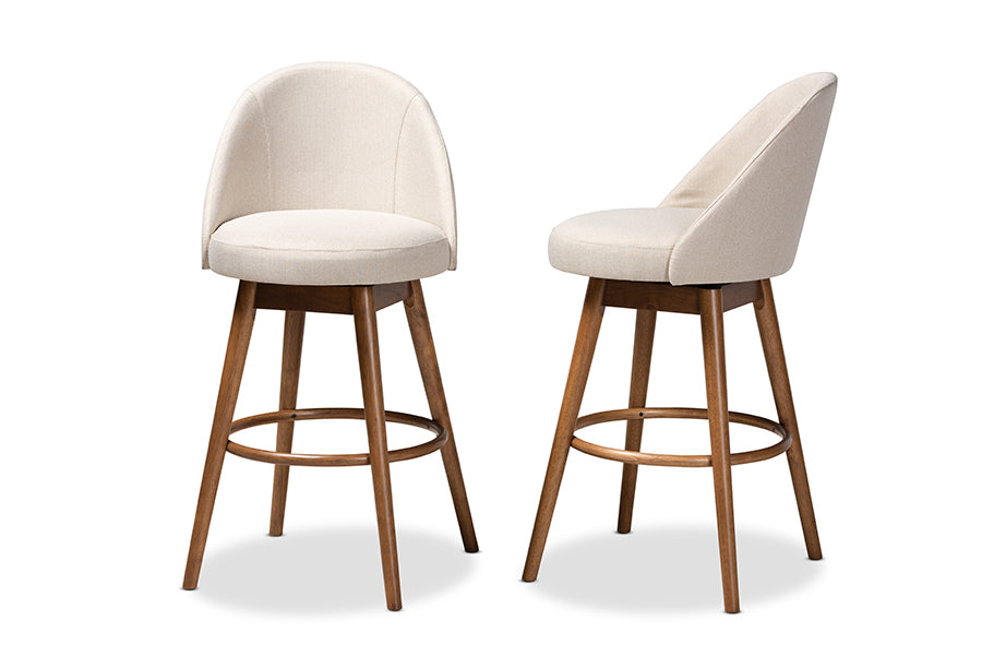 Baxton Studio Carra Mid-Century Modern Light Beige Fabric Upholstered Walnut-Finished Wood Swivel Bar Stool Set of 2
