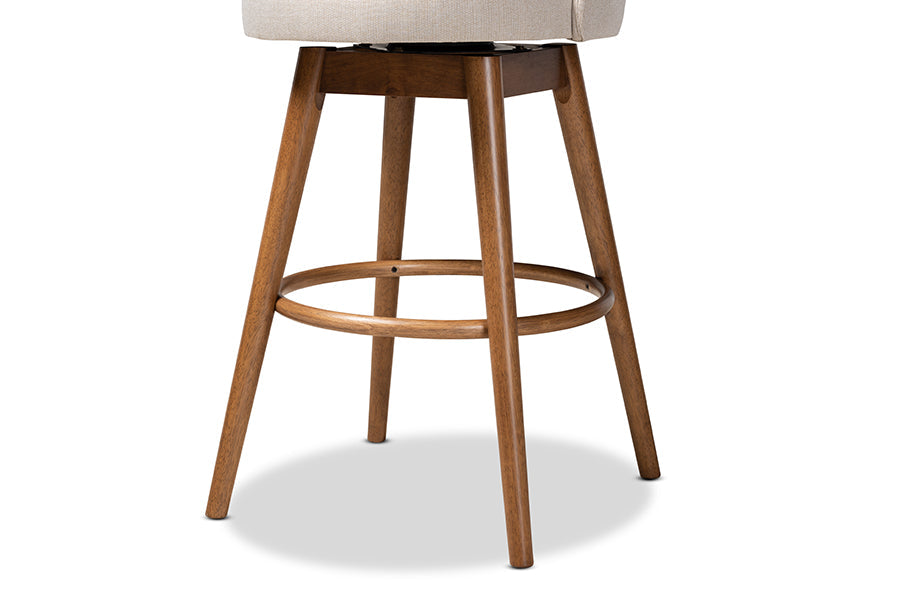 Baxton Studio Carra Mid-Century Modern Light Beige Fabric Upholstered Walnut-Finished Wood Swivel Bar Stool Set of 2