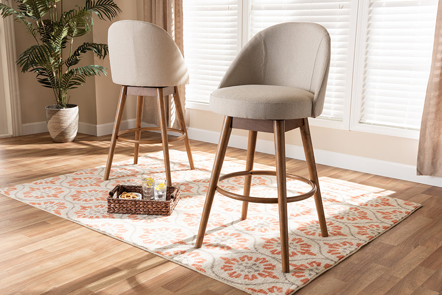 Baxton Studio Carra Mid-Century Modern Light Beige Fabric Upholstered Walnut-Finished Wood Swivel Bar Stool Set of 2