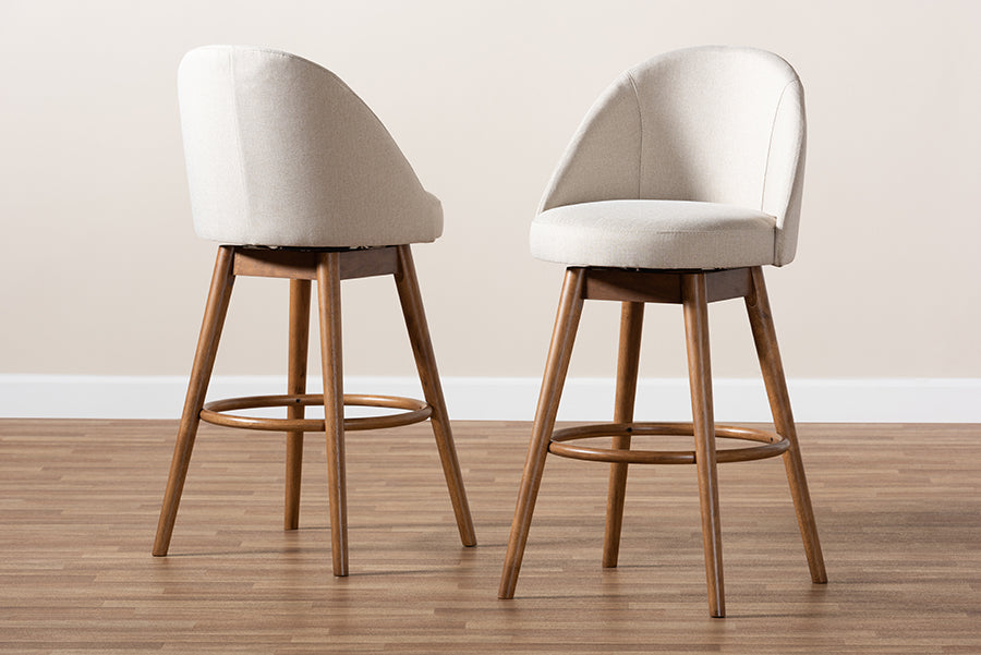 Baxton Studio Carra Mid-Century Modern Light Beige Fabric Upholstered Walnut-Finished Wood Swivel Bar Stool Set of 2