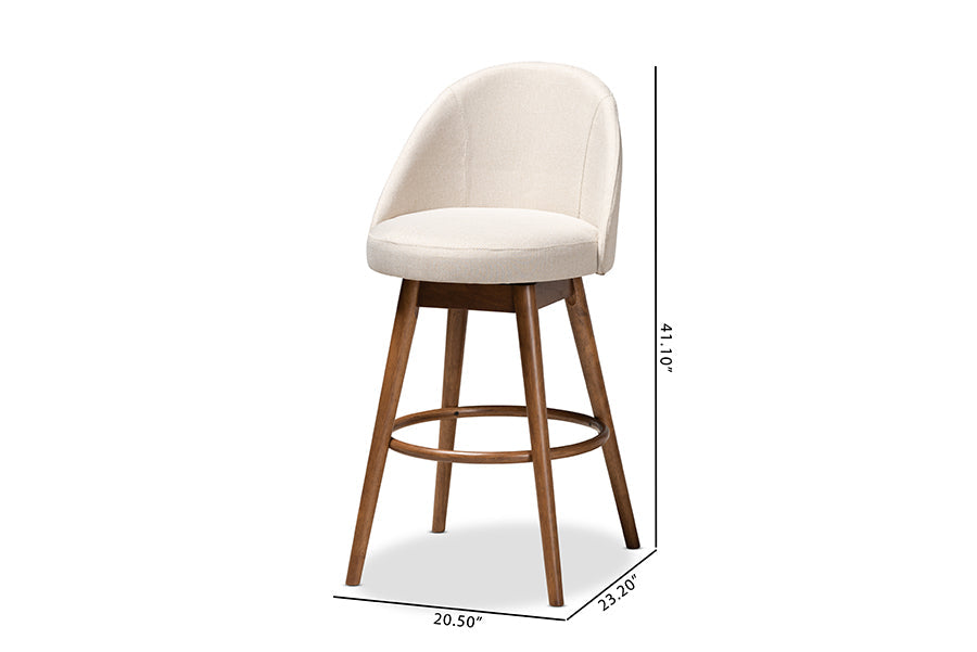 Baxton Studio Carra Mid-Century Modern Light Beige Fabric Upholstered Walnut-Finished Wood Swivel Bar Stool Set of 2