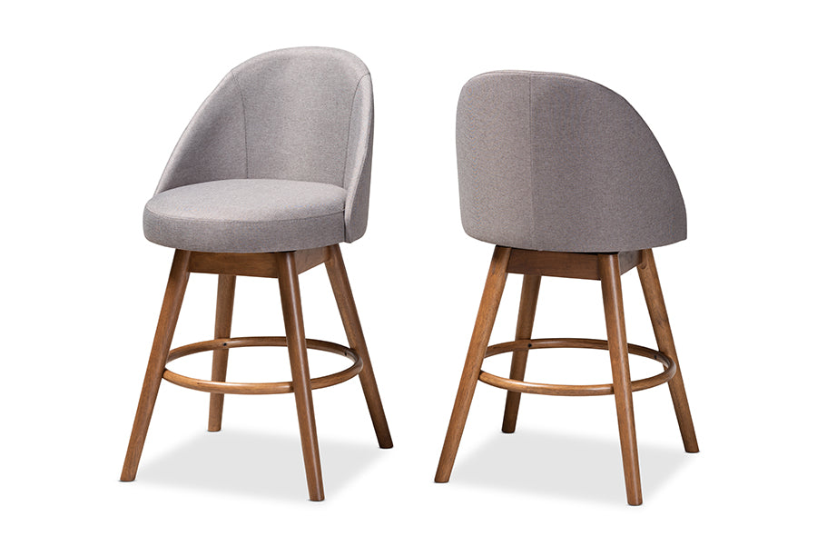 Baxton Studio Carra Mid-Century Modern Grey Fabric Upholstered Walnut-Finished Wood Swivel Counter Stool Set of 2