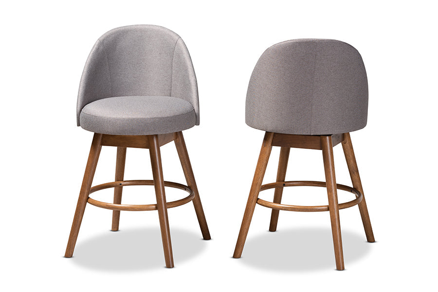 Baxton Studio Carra Mid-Century Modern Grey Fabric Upholstered Walnut-Finished Wood Swivel Counter Stool Set of 2