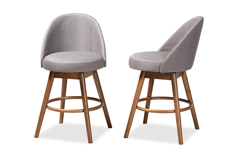 Baxton Studio Carra Mid-Century Modern Grey Fabric Upholstered Walnut-Finished Wood Swivel Counter Stool Set of 2