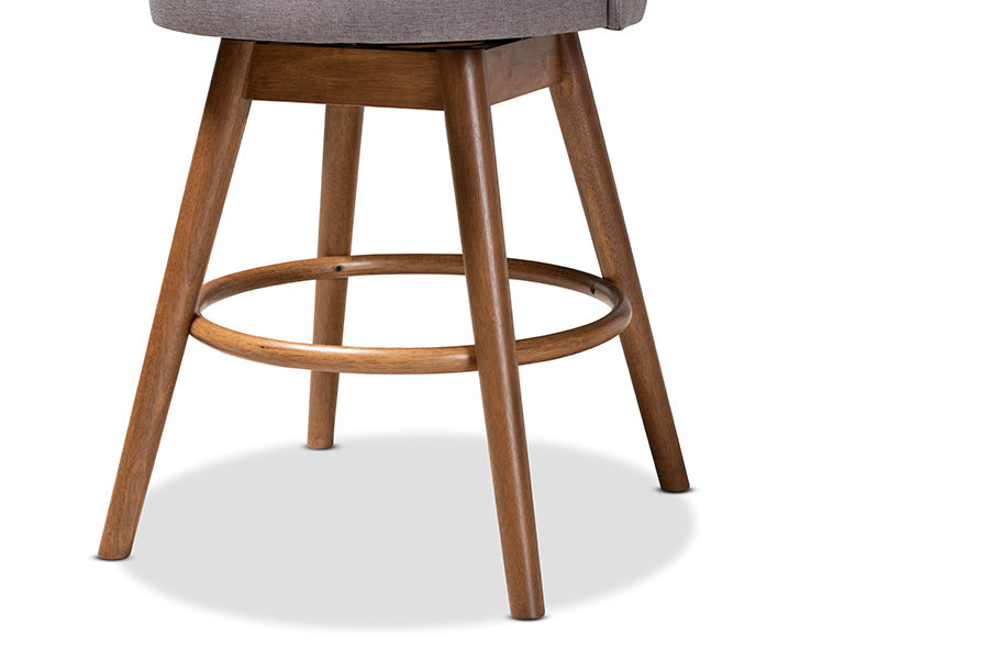Baxton Studio Carra Mid-Century Modern Grey Fabric Upholstered Walnut-Finished Wood Swivel Counter Stool Set of 2