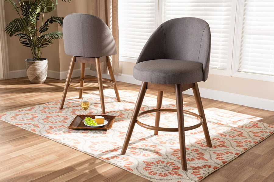 Baxton Studio Carra Mid-Century Modern Grey Fabric Upholstered Walnut-Finished Wood Swivel Counter Stool Set of 2