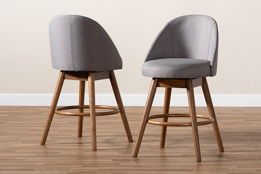 Baxton Studio Carra Mid-Century Modern Grey Fabric Upholstered Walnut-Finished Wood Swivel Counter Stool Set of 2