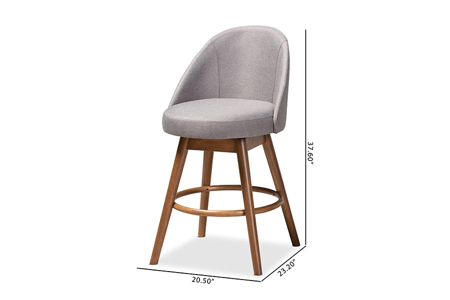 Baxton Studio Carra Mid-Century Modern Grey Fabric Upholstered Walnut-Finished Wood Swivel Counter Stool Set of 2