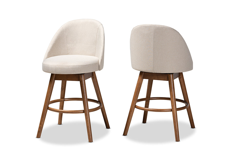Baxton Studio Carra Mid-Century Modern Light Beige Fabric Upholstered Walnut-Finished Wood Swivel Counter Stool Set of 2