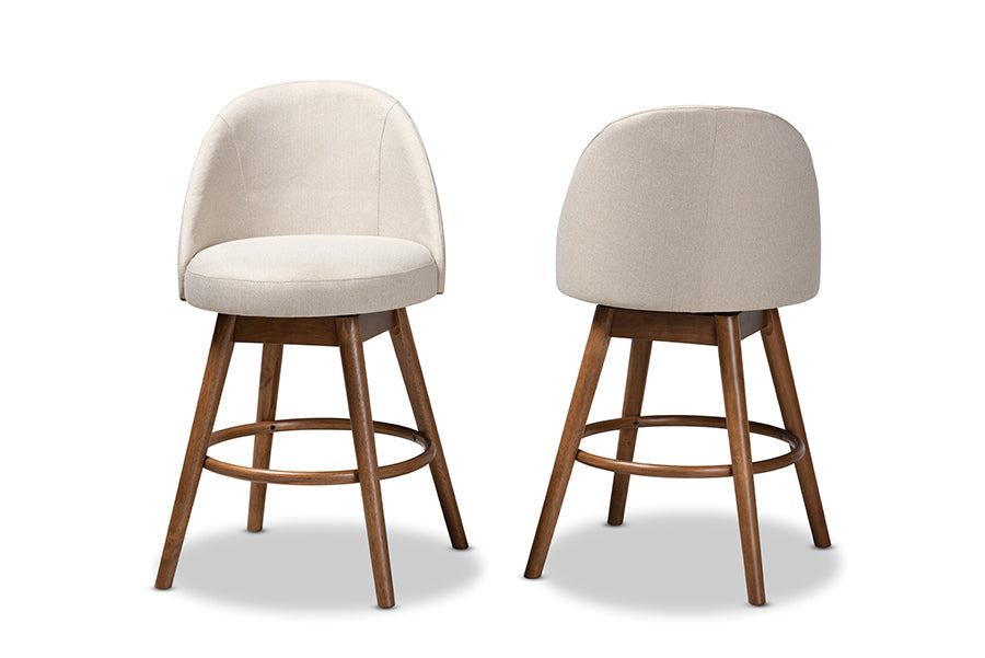 Baxton Studio Carra Mid-Century Modern Light Beige Fabric Upholstered Walnut-Finished Wood Swivel Counter Stool Set of 2