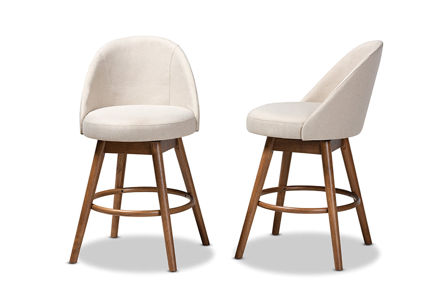 Baxton Studio Carra Mid-Century Modern Light Beige Fabric Upholstered Walnut-Finished Wood Swivel Counter Stool Set of 2