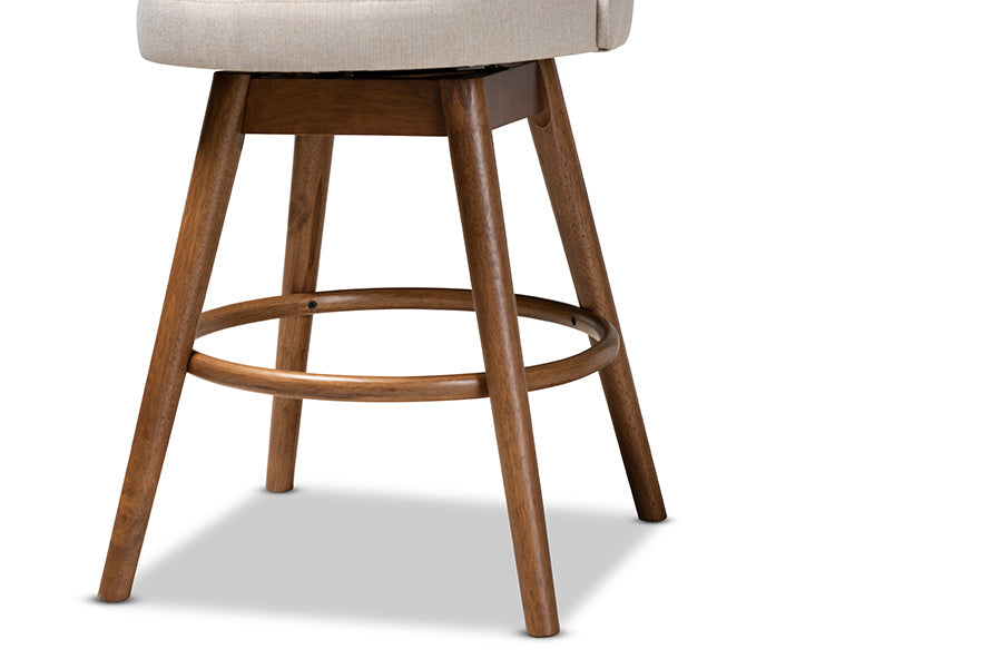 Baxton Studio Carra Mid-Century Modern Light Beige Fabric Upholstered Walnut-Finished Wood Swivel Counter Stool Set of 2